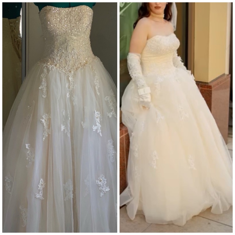 STUNNING IVORY TULLE LACE CORSET PEARL FLORAL TULLE BALLGOWN WEDDING DRESS SZ 6